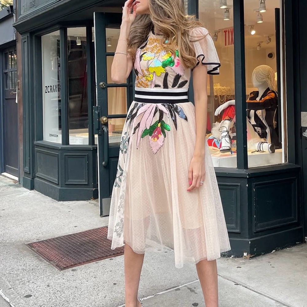 ZCrave Maiden Midi Floral Embroidered Dress with Sheer Sleeves